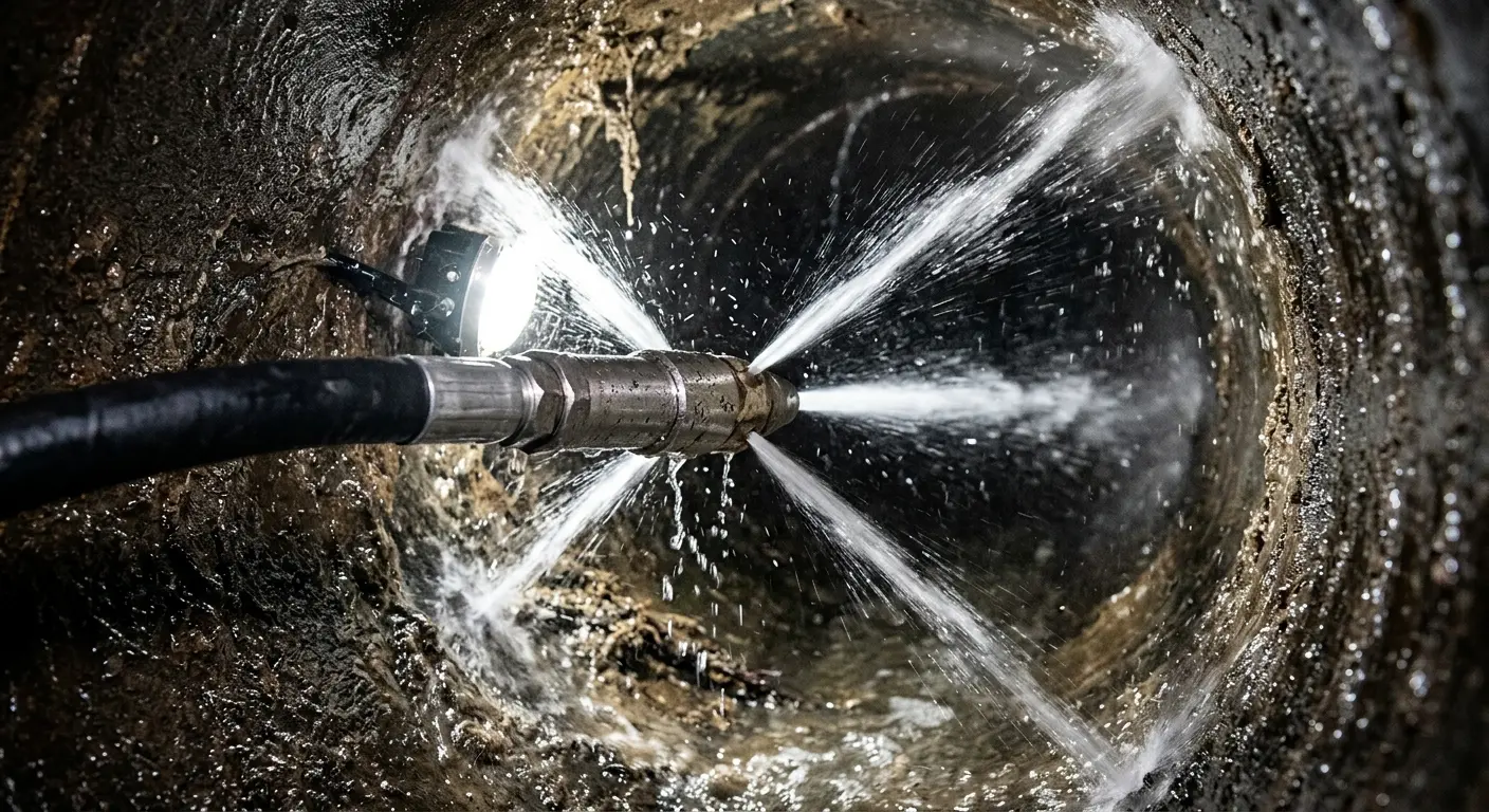 High-pressure hydro jetting nozzle cleaning sewer pipe for Emergency Drain Service in Faribault