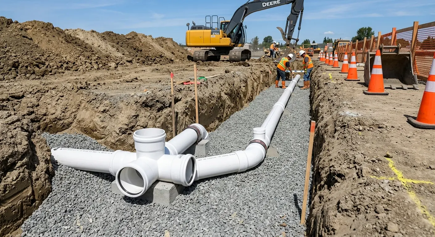 New PVC sewer pipe installation in open trench for Sewer Backup in Faribault