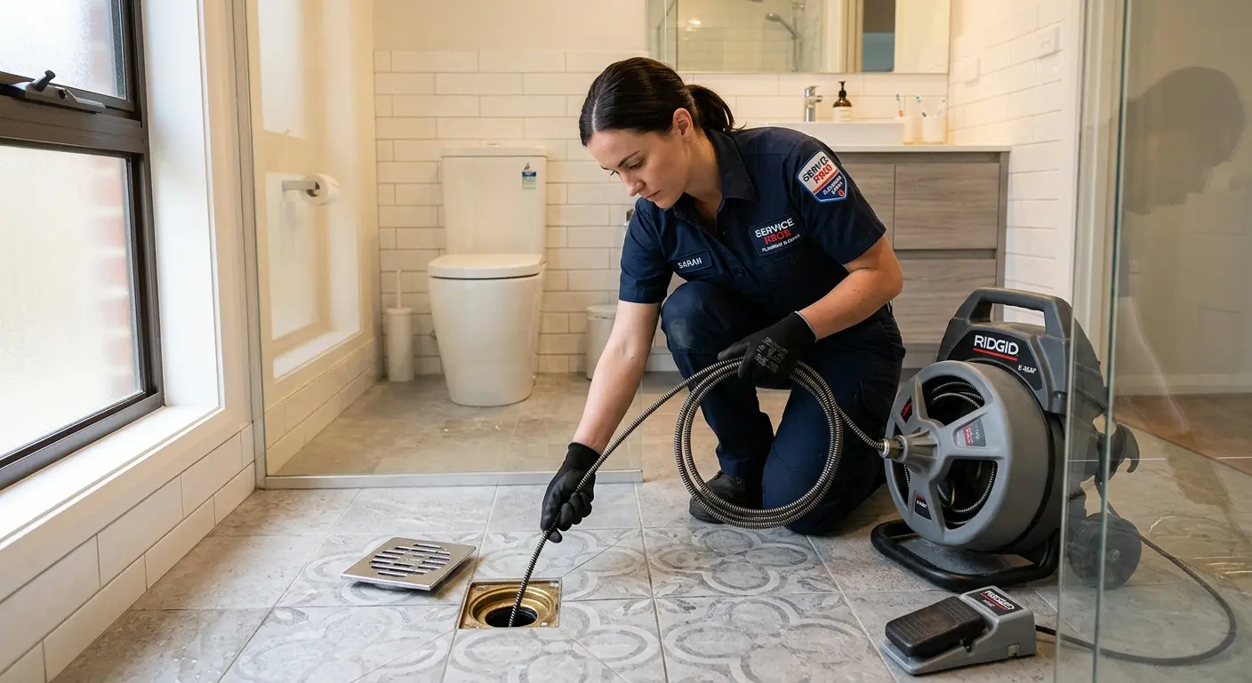 Technician clearing a bathroom floor drain for Hydro Jetting in Faribault